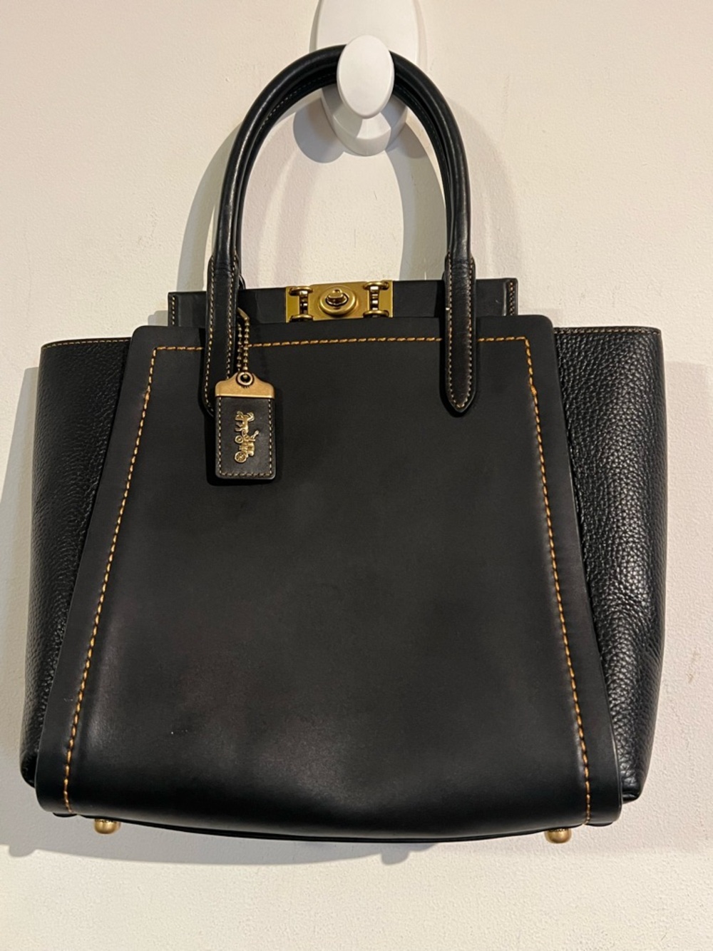Coach Black Leather Structured Top-Handle Bag with Gold Hardware